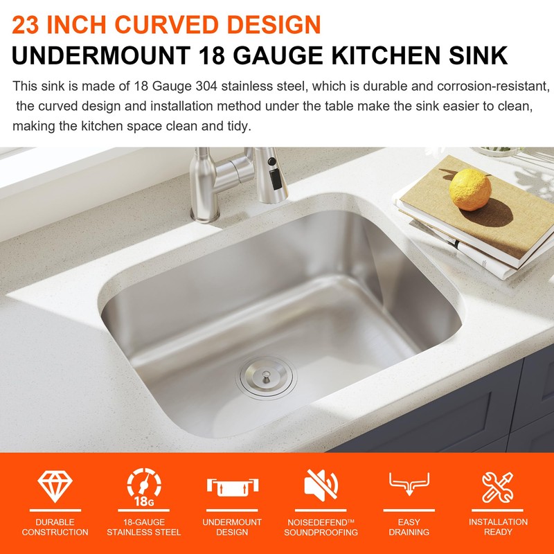 Blenzia 23 Inch Undermount Curved Single Bowl Kitchen Sink (Sink