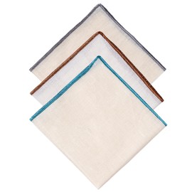 Set of 3 Linen Pocket Square with Colorful Embroidered Edge for Men Blazers, suits (Off white)
