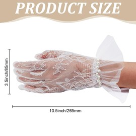 PLIGREAT White Short Lace Mesh Gloves, Lace Tulle Border with Pearls Wedding Opear Gloves for Women Dress Tea Party Costume Formal Accessories, White