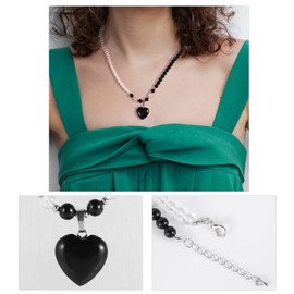 mookaitedecor Black Obsidian Crystal Heart Necklace for Women Girl, Semi Precious Stone Love Heart Pendant Necklace Jewellery Black and White Crystal Bead Necklace Love Gift for Her Mother's Day Gift
