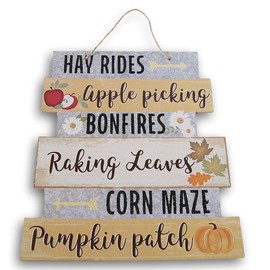 Autumn Decor Sign - Hay Rides, Bonfires, Pumpkin Patch, Leaves Slats - Hanging Thanksgiving Plaque -11.5 Inches
