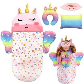 Unicorn Doll Sleeping Bag Set with Eye Mask & U-Shaped Pillow & Square Cushion Doll Accessories for 25-38 cm Dolls Birthday Gift for Girls