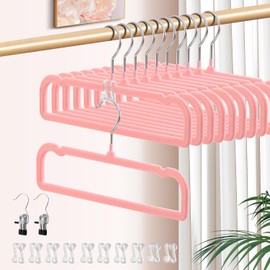 HWAJAN 14 Inch 30 Pack Velvet Pants Hangers Non Slip,Slim Felt Jean Hangers with 10 Hooks and 2 Clips,Strong Durable Thin Space Saving Clothes Hanger with 360°Swivel Hook for Shorts,Skirts Bra(Pink)