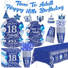 HIPVVILD Blue 18th Birthday Decorations for Boys, Silver Blue Time To Adult Happy 18 Year Old Birthday Party Supplies, Paper Plates and Napkins, Cup, Banner, Tablecloth, Swirls, Cutlery, Serves 24