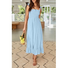 IFFEI Mommy and Me Dresses Summer Matching Outfits Spaghetti Strap Square Neck Solid Color Ruffle A Line Beach Long Maxi Dress Women XL Blue