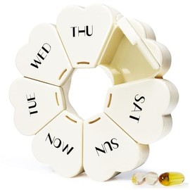 MOLN HYMY Cute Weekly Pill Box 7 Day, Round Floral Pill Case Organizer 1 time a Day, Pill Container Once Daily, Large Medcine Dispenser for Vitamin/Fish Oil/Medication/Supplements (Milky White)