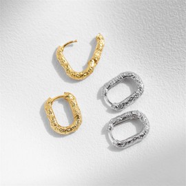 Sterling Silver Hammered Sand Textured Oval Square Hoop Huggie Unisex Earrings 2 Tones (18K Gold)