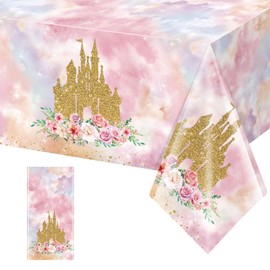 1 Pack Princess Tablecloths Birthday Decorations,Plastic Pink Rose Castle Table Cloth for Parties,Disposable Rectangle Floral Table Cover for Baby Shower Girls Birthday Party Supplies,54x108 Inch