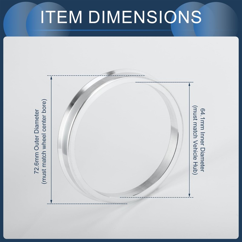 Hub Centric Rings, 64.1mm ID to 72.6mm OD Vehicle Wheel