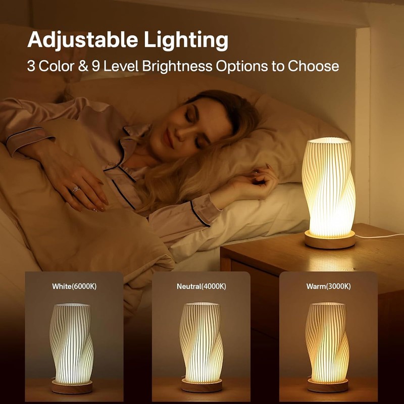 Table Bedside Lamp with Woodbase, Button Control Night Light for