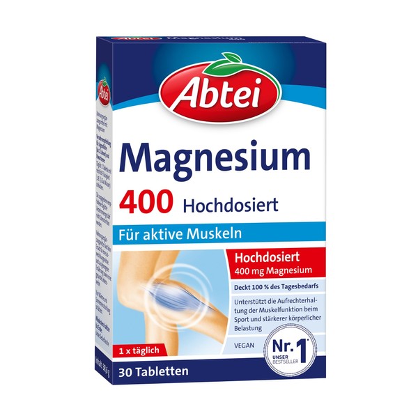 Abtei Magnesium 400 - High Dose Magnesium - for Active Muscles - Laboratory Tested, Gluten-Free, Lactose-free and Vegan - 30 Tablets