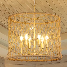 Wellmet Rustic Pendant Light, Boho Farmhouse Twine Pendant Light, Gold Rustic Chandelier for Dining Room, Living Room, Bedroom, Kitchen Island, 20''W