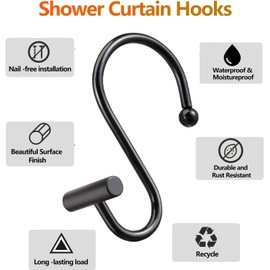 12 Pack Shower Curtain Hooks,Black Shower Curtain Hooks, Metal Durable Rust Proof, Smooth Glide S Hook for Bathroom, Shower Hook for Spa Center, Kitchen & Wardrobe S Hooks for Hanging (Black)