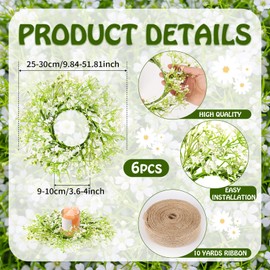 6 Pcs Mini Baby Breath Hanging Wreaths Gypsophila Candle Rings Pillar Holder Wreath Artificial Flower Spring Summer Floral Wreath for Wedding Farmhouse Porch Cabinets Table Decoration
