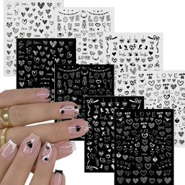 8 Sheets Valentines Day Nail Art Stickers Decals Laser Black White Love Heart 3D Glitter Self-Adhesive Valentine Pegatinas Uñas Nail Supplies Nail Art Manicure Design Decoration DIY Accessories