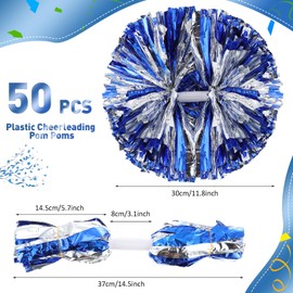 Yunsailing 50 Pack Cheerleading Pom Poms with Handle Bulk Metallic Foil Plastic Fun Pom Pom for Dance, Matches, Squad Team Spirit Sports, Stage Performance, Carnival Celebration(Blue and Silver)