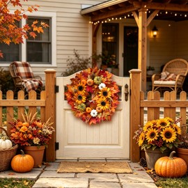 24 Inch Sunflower Fall Wreath for Front Door with Maple Leaves and Pumpkins