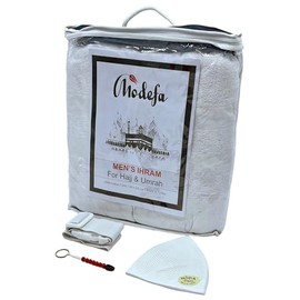 Modefa Islamic Men's Ihram Set for Hajj Umrah - 2 Piece Set - 110 x 220, 100% Cotton - Combo with Belt, Kufi and Tawaf Beads