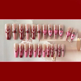 MERVF Coffin Press on Nails Long Fake Nails Pink French Tip Ballerina Glue on Nails Red Flame Acrylic Nails Artificial Gothic False Nails Press ons with Heart Pattern Designs 24pcs Glossy