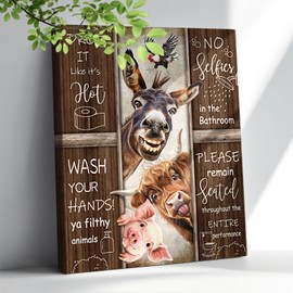 Funny Bathroom Decor Wall Art Farmhouse Highland Cow Donkey Pig Pictures Canvas Wall Decor Country Bathroom Animals Framed Artwork Rustic Cow Print for Bathroom 12"X16"