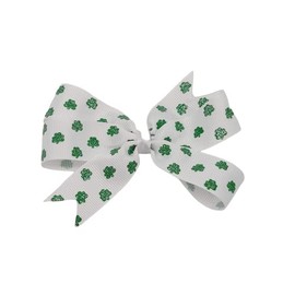 St. Patricks Day Hair Bow (1 Layer Green glitter clover on White with elastic headband)