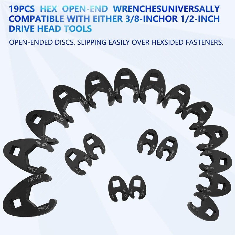 19PC Crow foot Flare Nut Wrench Set 3/8 1/2in Drive