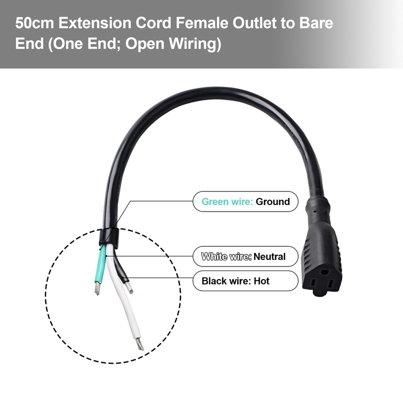 QTEATAK 50cm Female Connector Extension Cord - 125V 15A 2-Pole