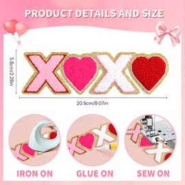 VGROSIA XOXO Heart Iron On Patches Hugs and Kisses Chenille Patches Glitter Hugs and Kisses Valentines Day Accessories for Clothing Backpacks Jackets - Rose and Red
