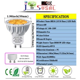 JSVSAL MR16 (GU10 Base) LED Light Bulb,Dimmable,120-Volt,Yellow, 6-Watt(50-Watt Equivalent),Aluminum Casing,40 Degree MR16 LED Spot Track Light Bulb,2-Pack