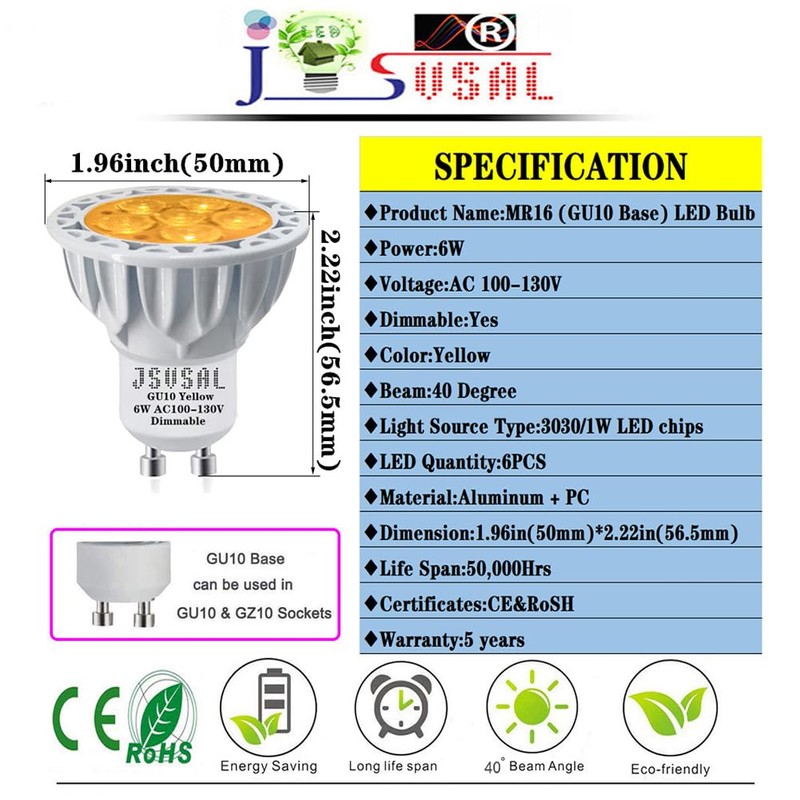 JSVSAL MR16 (GU10 Base) LED Light Bulb,Dimmable,120-Volt,Yellow, 6-Watt(50-Watt Equivalent),Aluminum Casing,40
