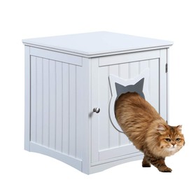 Cat House Side Table, Nightstand Pet House, Litter Box Furniture Indoor Pet Crate Litter Box End Table, Litter Box Enclosure, (White)