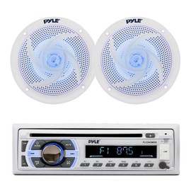 Pyle Bluetooth CD Receiver, 2x 5.25" 180W Blue Flash LED Boat Speaker (White)
