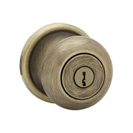Kwikset Juno Entry Door Knob with Lock and Key, Secure Keyed Handle Exterior, Front Entrance and Bedroom, Antique Brass, Pick Resistant SmartKey Rekey Security and Microban