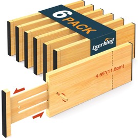 Lzerking Bamboo Drawer Dividers 4.65" High, Adjustable Dresser Drawer Organizers, 12-17.5" Expandable Deep Kitchen Drawer Divider for Dresser, Closet, Kitchen, Bedroom, Bathroom, 6 Pack
