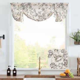 jinchan Tie Up Valance Floral Linen for Windows Farmhouse Valance 24 Inch Peonies Botanical Short Window Treatment Adjustable for Kitchen Living Room Light Filtering 1 Panel Black on Beige