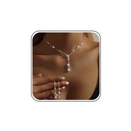 TseenYi Wedding Crystal Necklace Earrings Set Silver Rhinestone Lariat Necklace Saprkly CZ Tassel Drop Earrings Bridal Prom Costume Sets Tennis Choker Necklace Cubic Zirconia Lariat Necklace