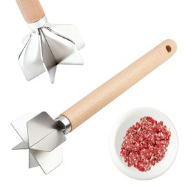 304 Stainless Steel Meat Chopper,6 Blade Ground Beef Masher with Wooden Handle, 11 Inch Potato Masher, Metal Meat Masher for Kitchen