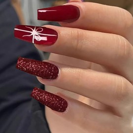 BABALAL Valentine's Day Press on Nails Long Coffin Fake Nails Red Glue on Nails Cute Bow Glitter Shiny Acrylic Nails 24Pcs Ballerina Manicure Gift False Nails for Women and Girls