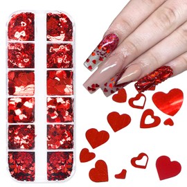 KTAABTR 12 Grids Valentines Day Nail Art Glitter Sequins Holographic Glitter RED Heart Nail Design Valentines Day Heart Nail Sequins for Women DIY Manicure Valentines Heart Nail Glitter Decoration