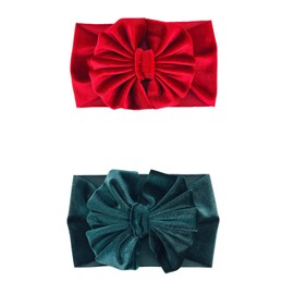 Xansema 2Pcs Baby Girls Big Bow Headband Elastic Newborn Infant Toddlers Hairbands Hair Accessories (B-Red Deep Green, One size)