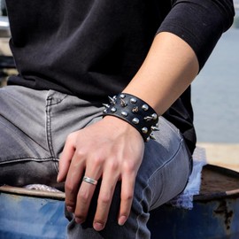 MILAKOO Leather Bracelet Rivets Spike Bracelet Leather Bangle Cuff Adjustable Press Stud Black, Leather