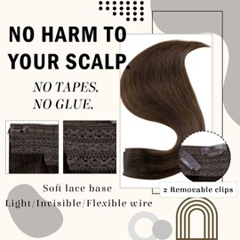 RUNATURE Real Human Hair with Wire, Balayage Dark Brown and Light Brown, 14 Inches, Natural Real Human Hair with Adjustable Fish Cord, Brown Wire, Hair Extensions, 70 g