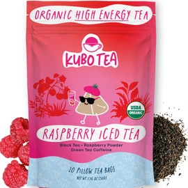 High Caffeine Iced Tea (155 mg) - Kubo Tea: Organic Raspberry Black Tea Bags for Clean Energy & Focus | Healthy Coffee Substitute | High Energy Iced Blend | 20 Ct | Compostable Packaging