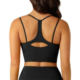 XUNYU - brasier deportivo largo para mujer, acolchado con espalda abierta, parte superior de entrenamiento, brasier integrado, tirantes delgados y yoga, brasier deportivo negro, XL