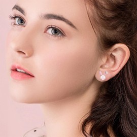 TANGPOET 925 Sterling Silver Bunny Earrings for Girls White Opal Stud Earrings for Women Cute Easter Earrings Rabbit Jewellery Gifts for Bunny Lovers Kids