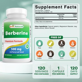 Best Naturals Berberine 500mg 120 Capsules - Supports Immune Function, Cardiovascular & Gastrointestinal Function (120 Count (Pack of 1))