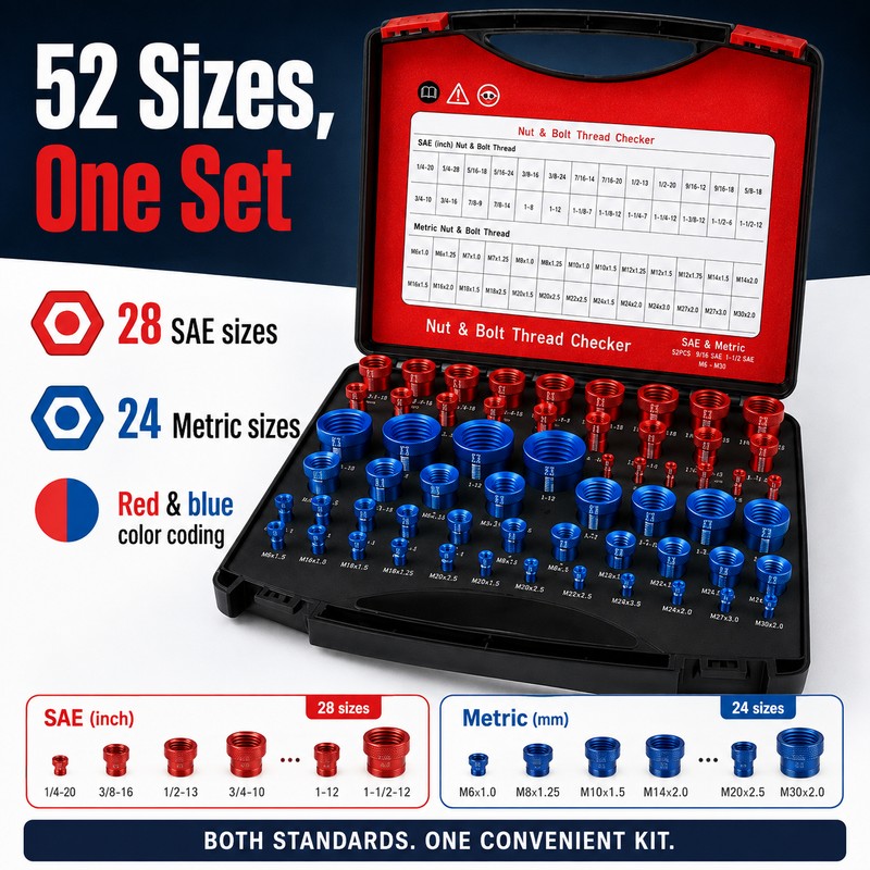 52-Piece Metric & SAE Nut and Bolt Thread Checker Set,