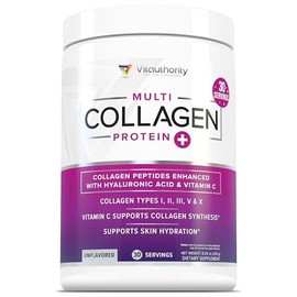 Multi Collagen Peptides Powder for Women and Men - Instant Dissolving Grass Fed Hydrolyzed Drink Mix for Beautiful Hair Skin and Nails with Hyaluronic Acid and Vitamin C | Unflavored 30 Servings