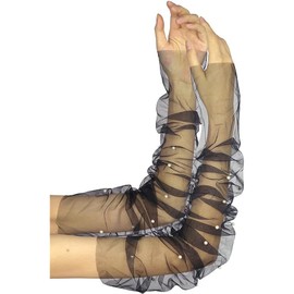 Women's Long Bridal Wedding Tulle Gloves Mesh Fingerless Gloves Pearls Women and Girls Transparent Gloves (Black)