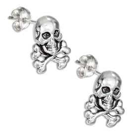 Skull and Crossed Bones 925 Sterling Silver Post Stud Earrings with Hypoallergenic Posts